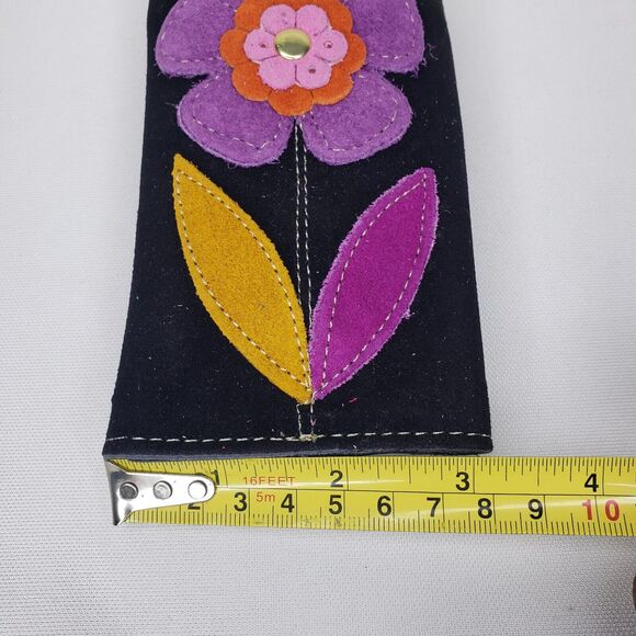 Suede Leather Wallet Black Purple Flower Contrast Stitching Fold Mirror Zipper - Picture 5 of 8